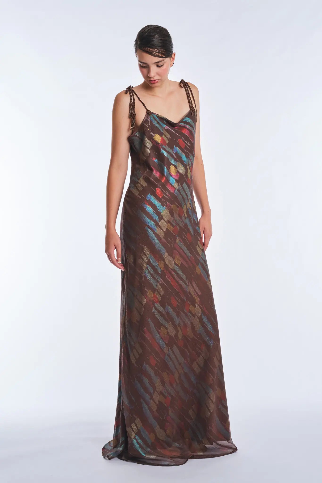 Luhana Maxi Dress with Crochet Tie Details | Print Brown