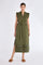 Maki Dress in Olive – Cotton midi dress with Nehru collar, metal buttons, adjustable belt, side pockets, and subtle trim.