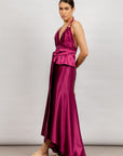 Mayela Skirt in Magenta - Chic Mermaid Asymmetrical Satin Skirt with Back Cut