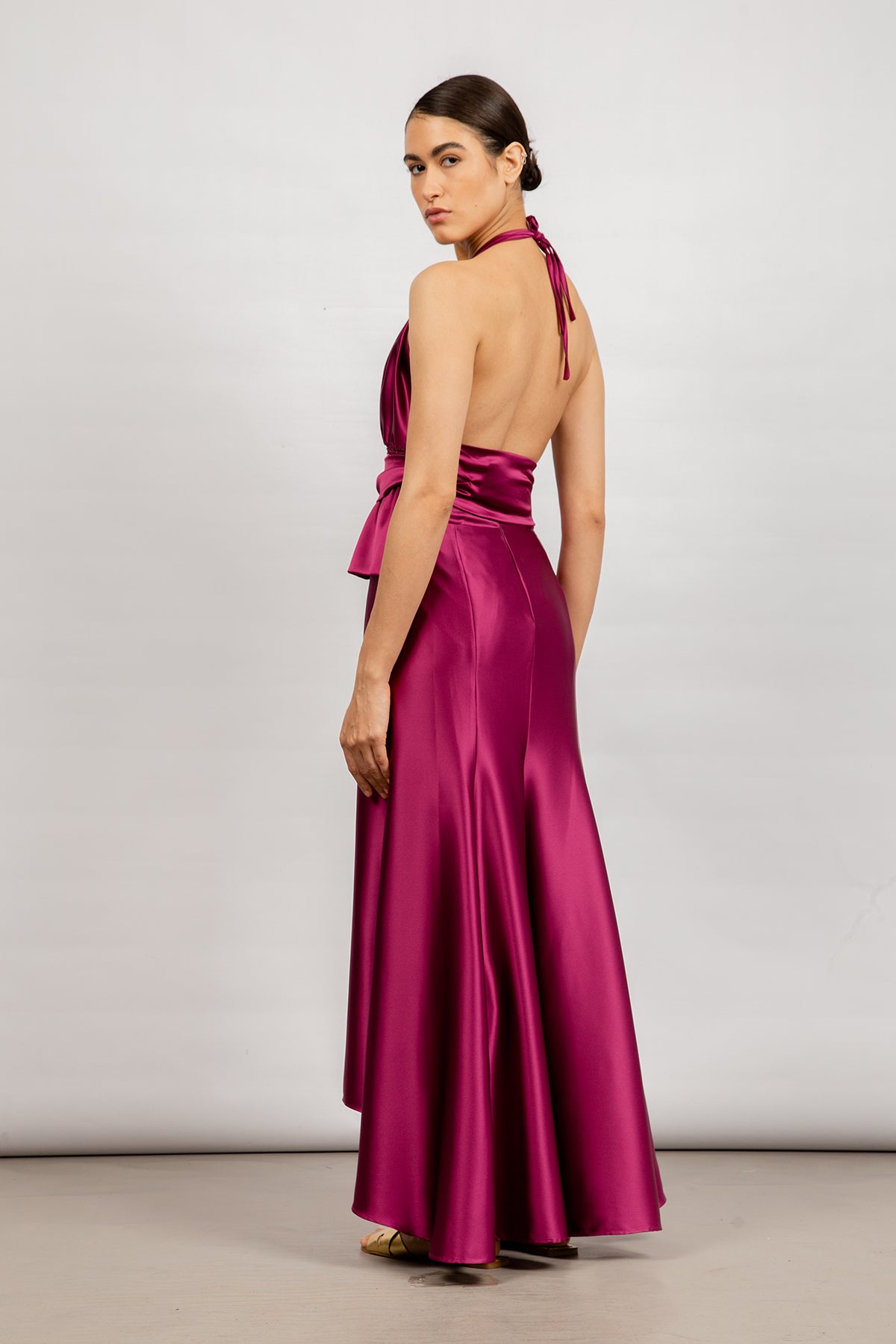 Mayela Skirt in Magenta - Chic Mermaid Asymmetrical Satin Skirt with Back Cut