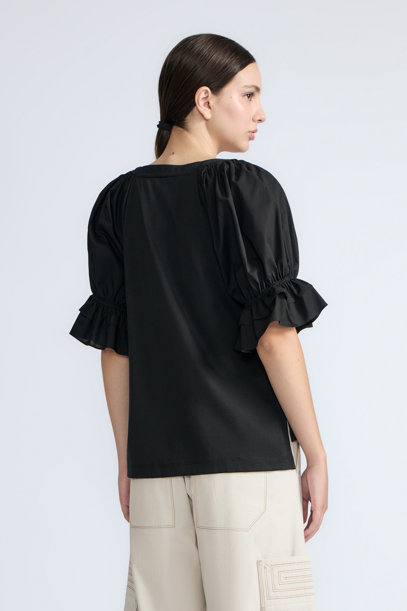 Nery Top in Black – Cotton knit top with short balloon sleeves, round neckline, and soft jersey-pima poplin mix.