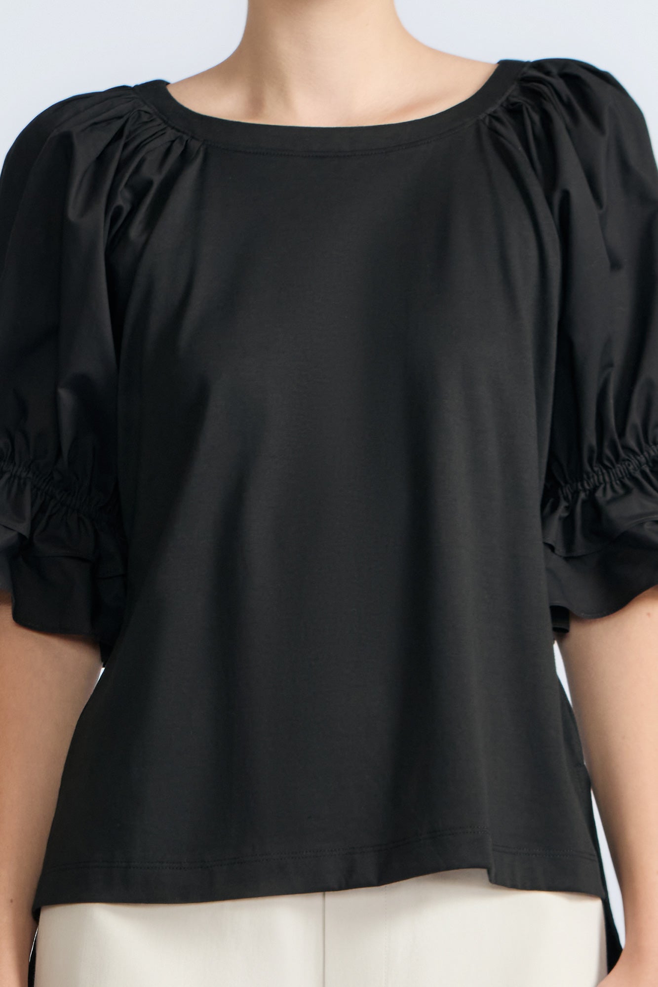Nery Top in Black – Cotton knit top with short balloon sleeves, round neckline, and soft jersey-pima poplin mix.