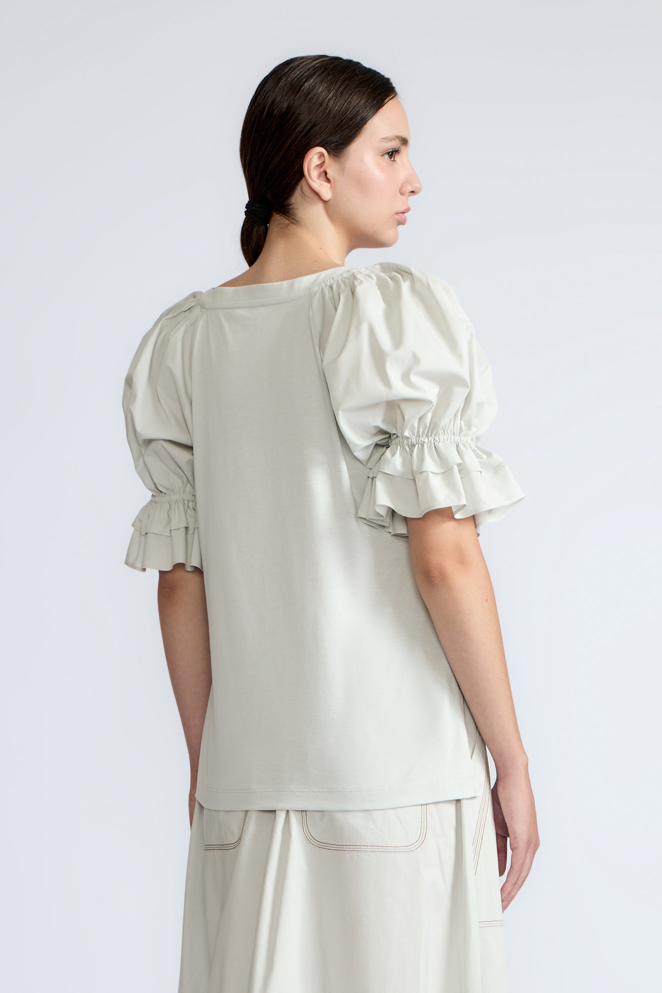 Nery Top in Silver – Cotton knit top with short balloon sleeves, round neckline, and soft jersey-pima poplin mix.