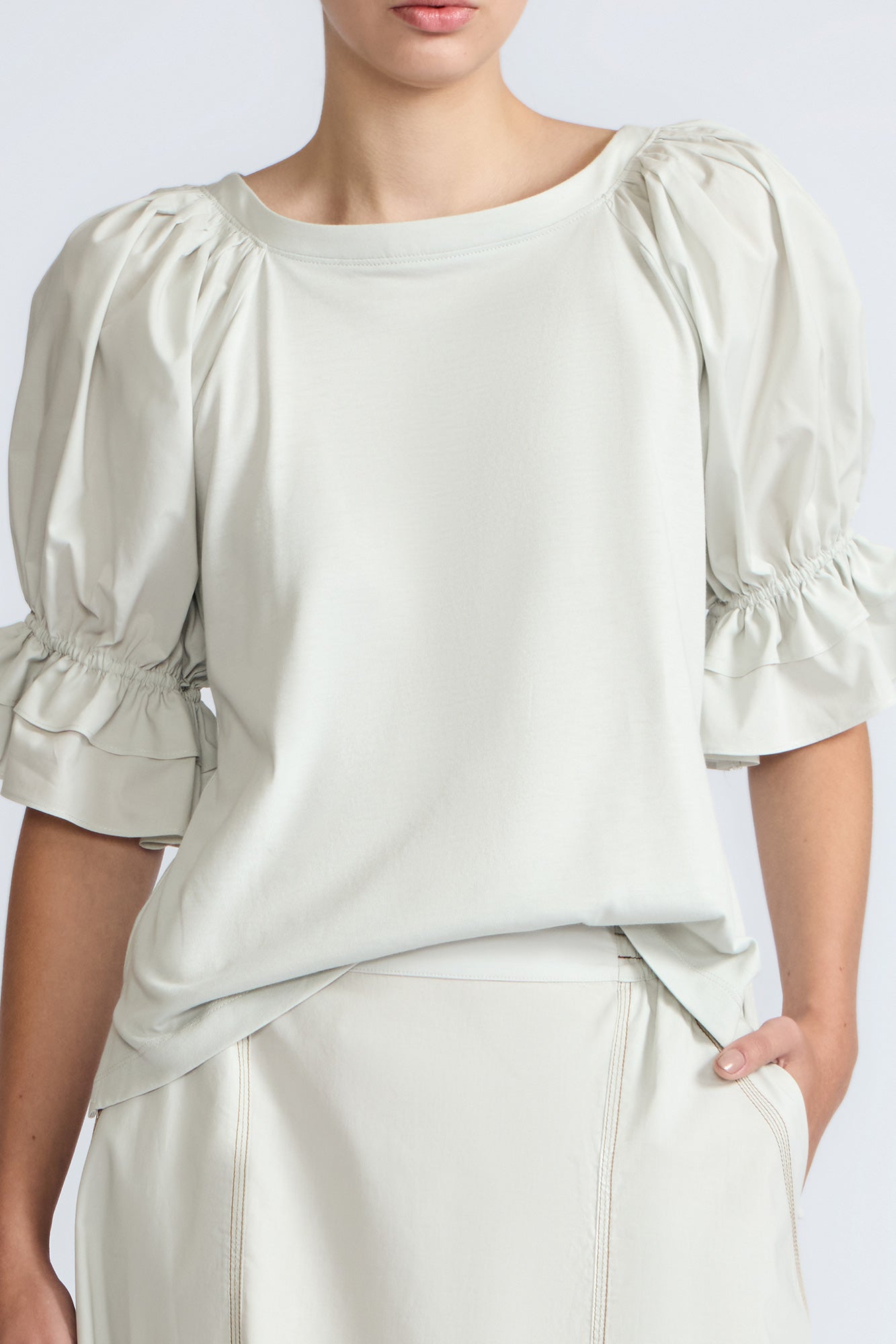 Nery Top in Silver – Cotton knit top with short balloon sleeves, round neckline, and soft jersey-pima poplin mix.