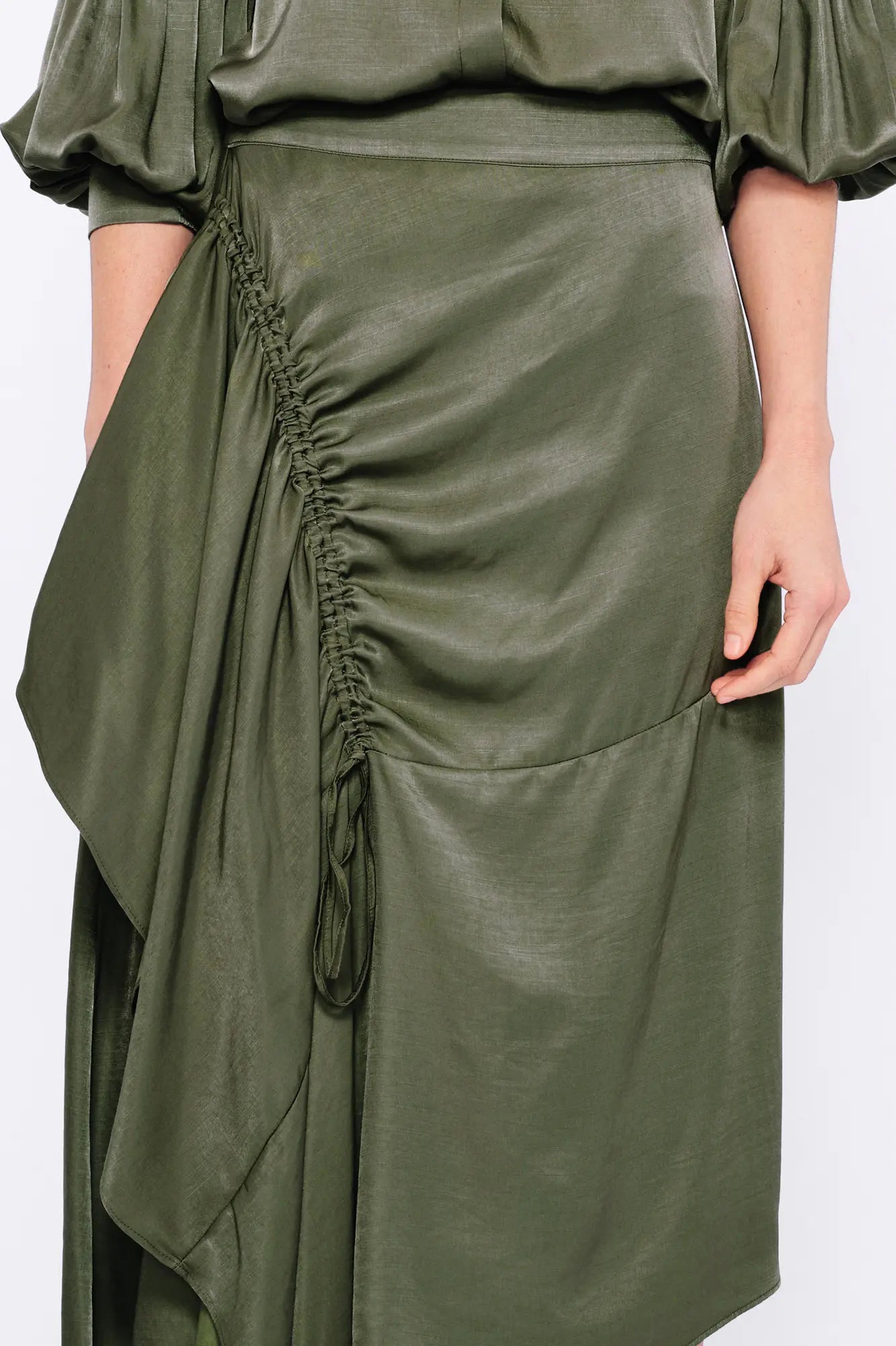 Olenka Asymmetric Ruched Skirt | Olive