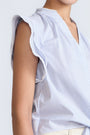 Oriana Blouse in Light Blue Stripes – Cotton blouse with V-neck, Neru collar, ruffled sleeves, appliqué trim, and tie-front hem.