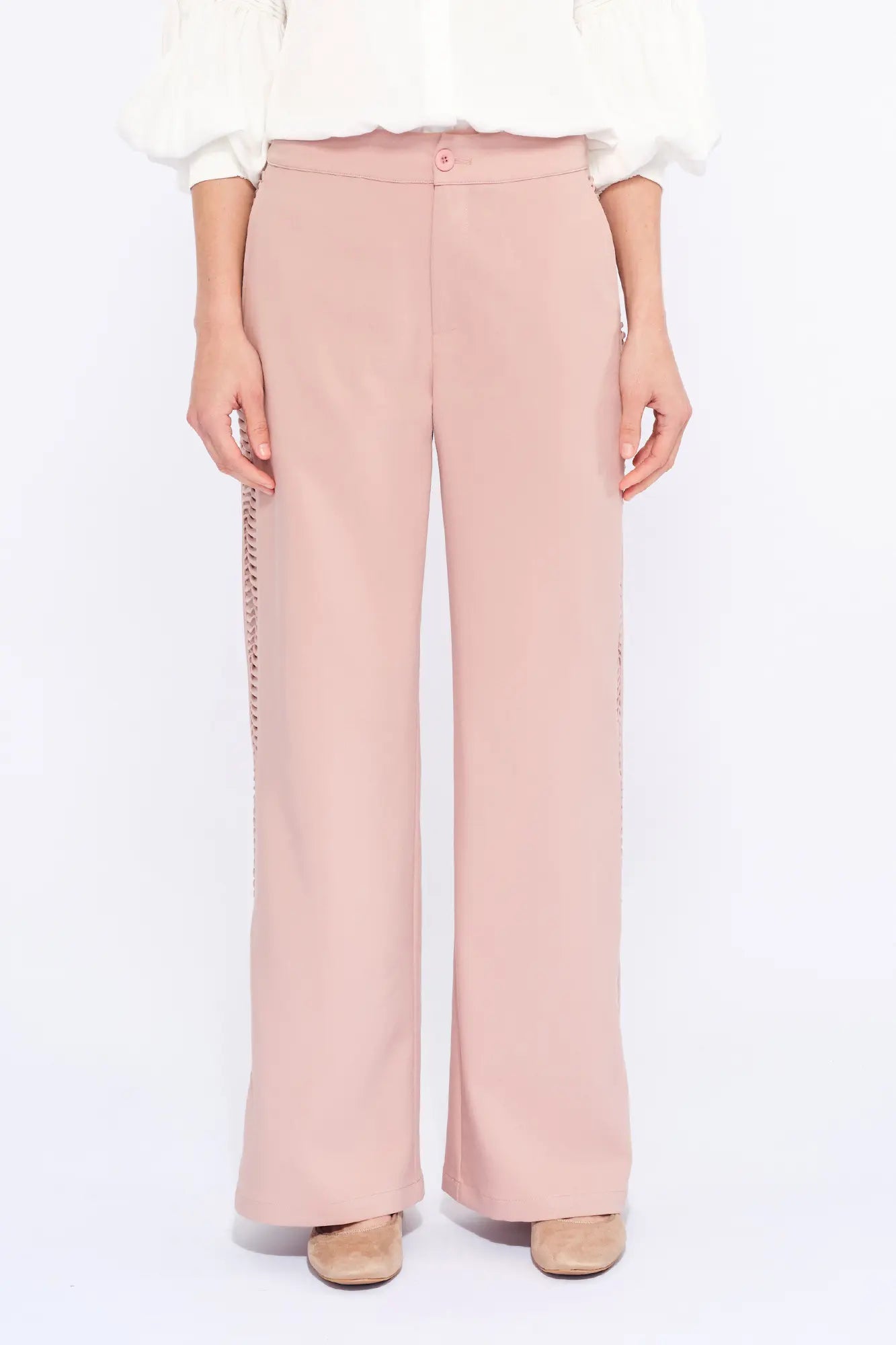 Front view of the Parker Trouser in Rose, showcasing its clean, straight-leg silhouette.