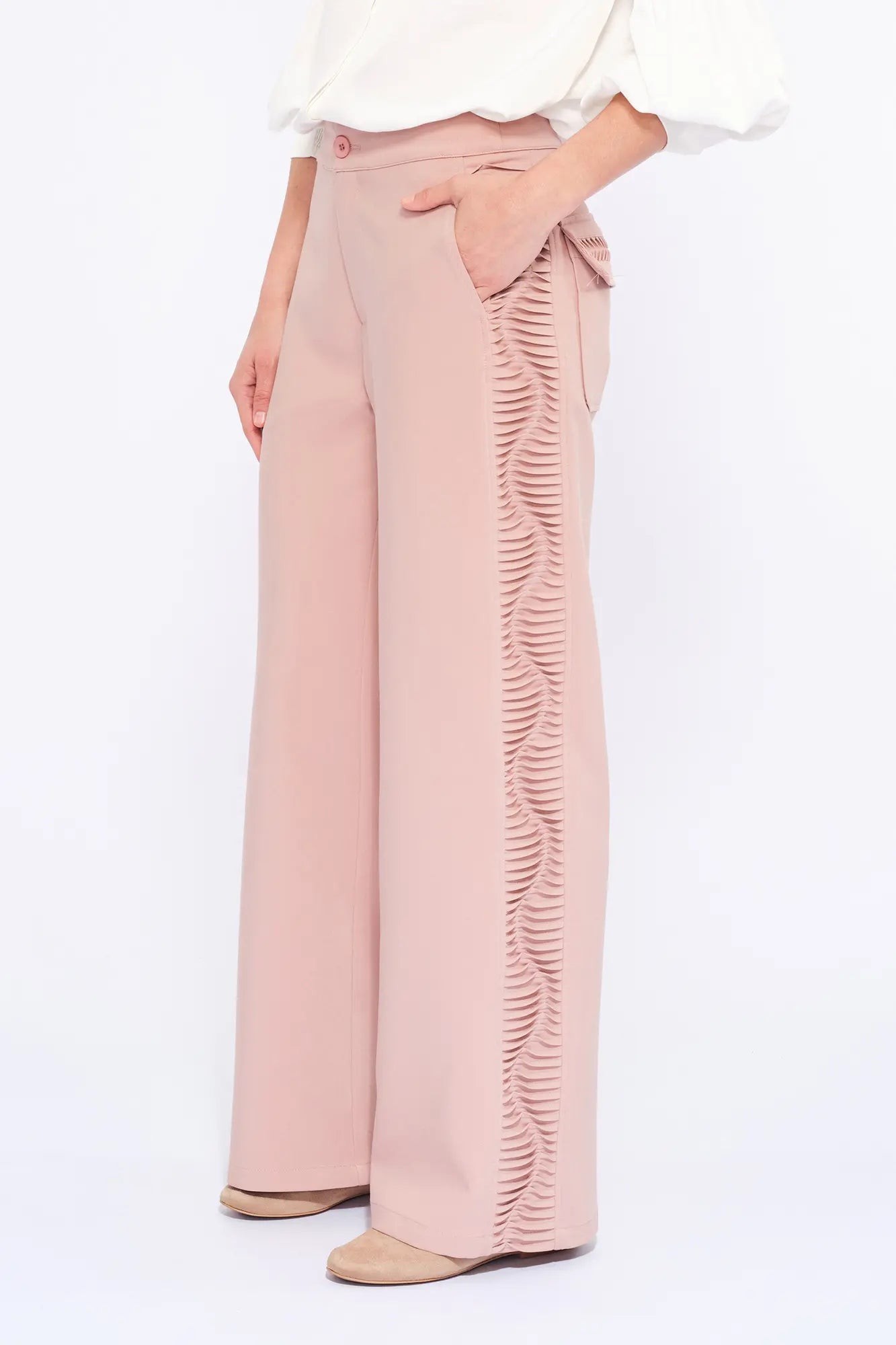 Side profile of the Rose Parker Trouser, highlighting the textural accent detail along the side seam.