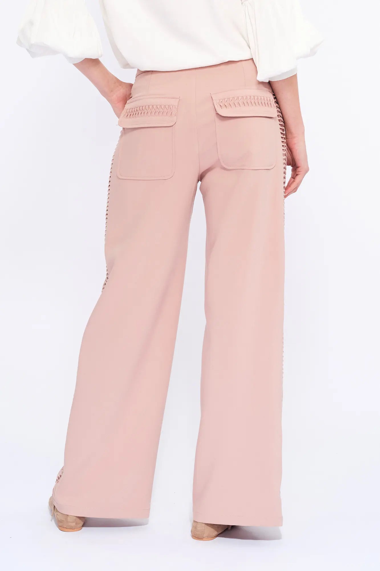 Back view of the Parker Trouser, detailing the elegant patch pockets with hemstitch accents.