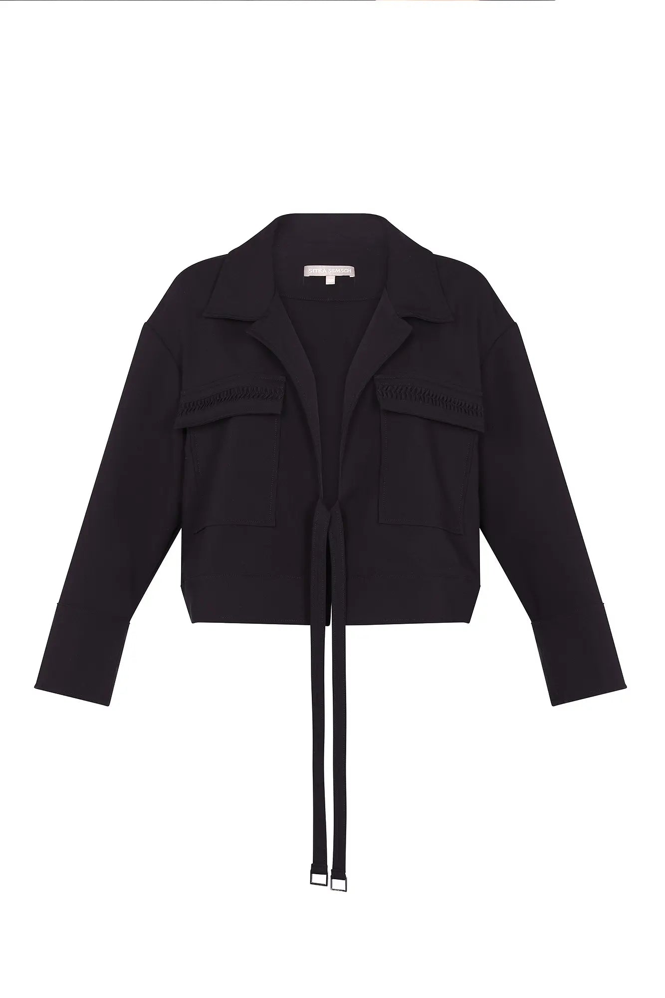 The Parker Jacket in essential black, styled with its elegant front ties and classic shirt collar.