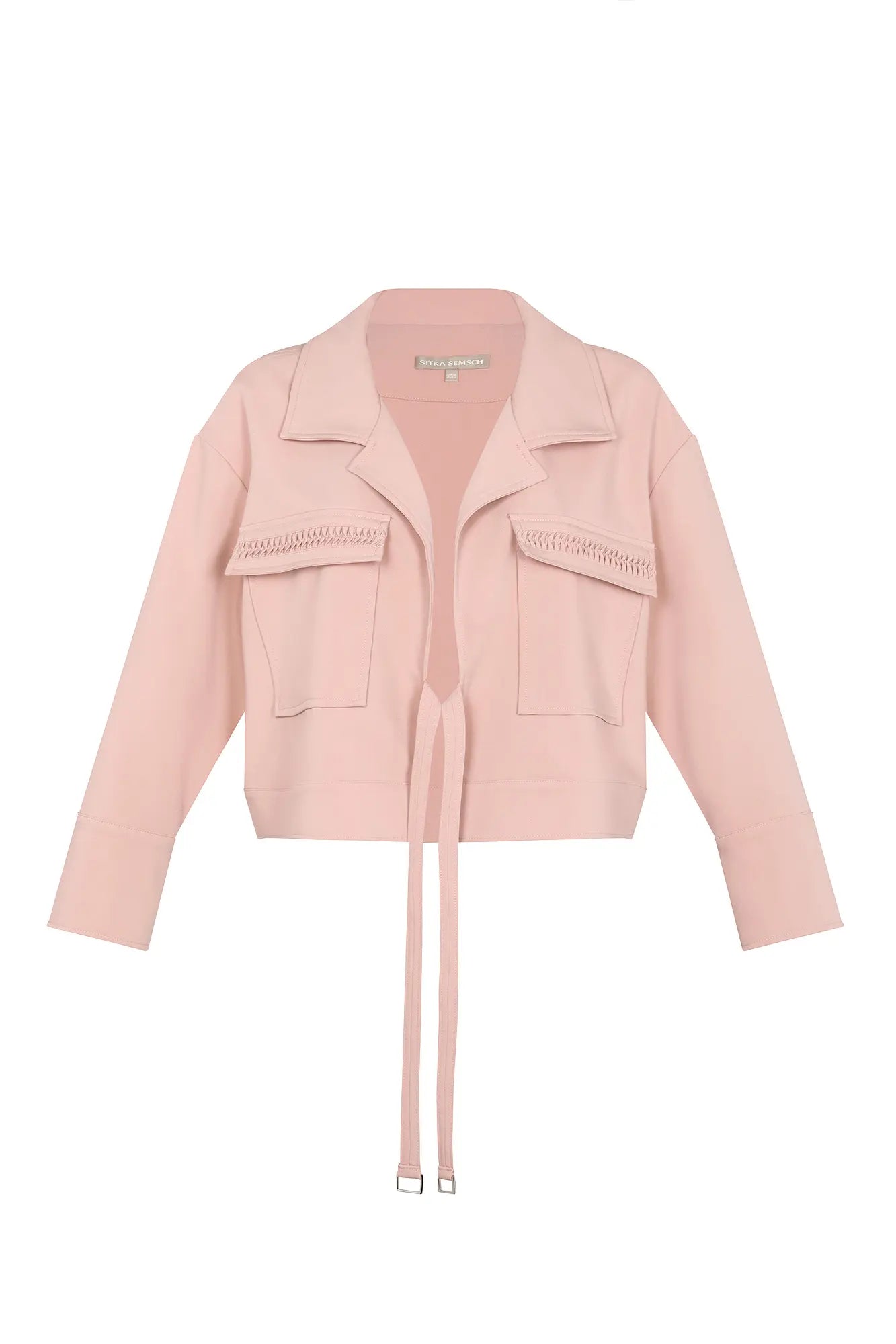 Front view of the Parker Jacket in Rose, showcasing its versatile tie-front design and tailored collar.