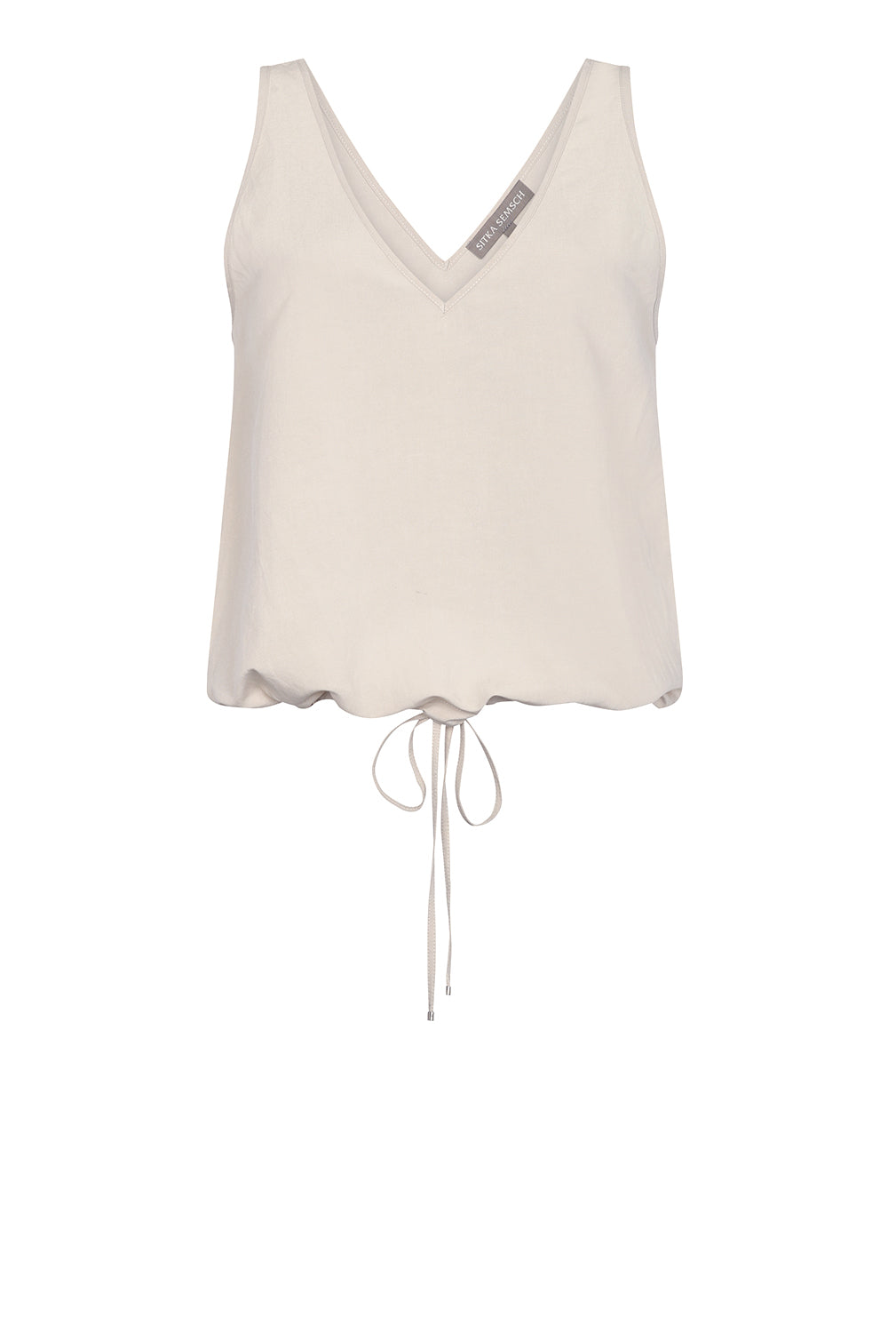 Ryan Top in Ecru featuring a flattering V-neckline and an adjustable drawstring waist for a tailored fit.