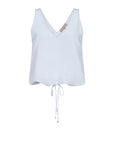 Ryan Top in Sky showcasing a chic V-neck and adjustable drawstring waist for versatile everyday style.