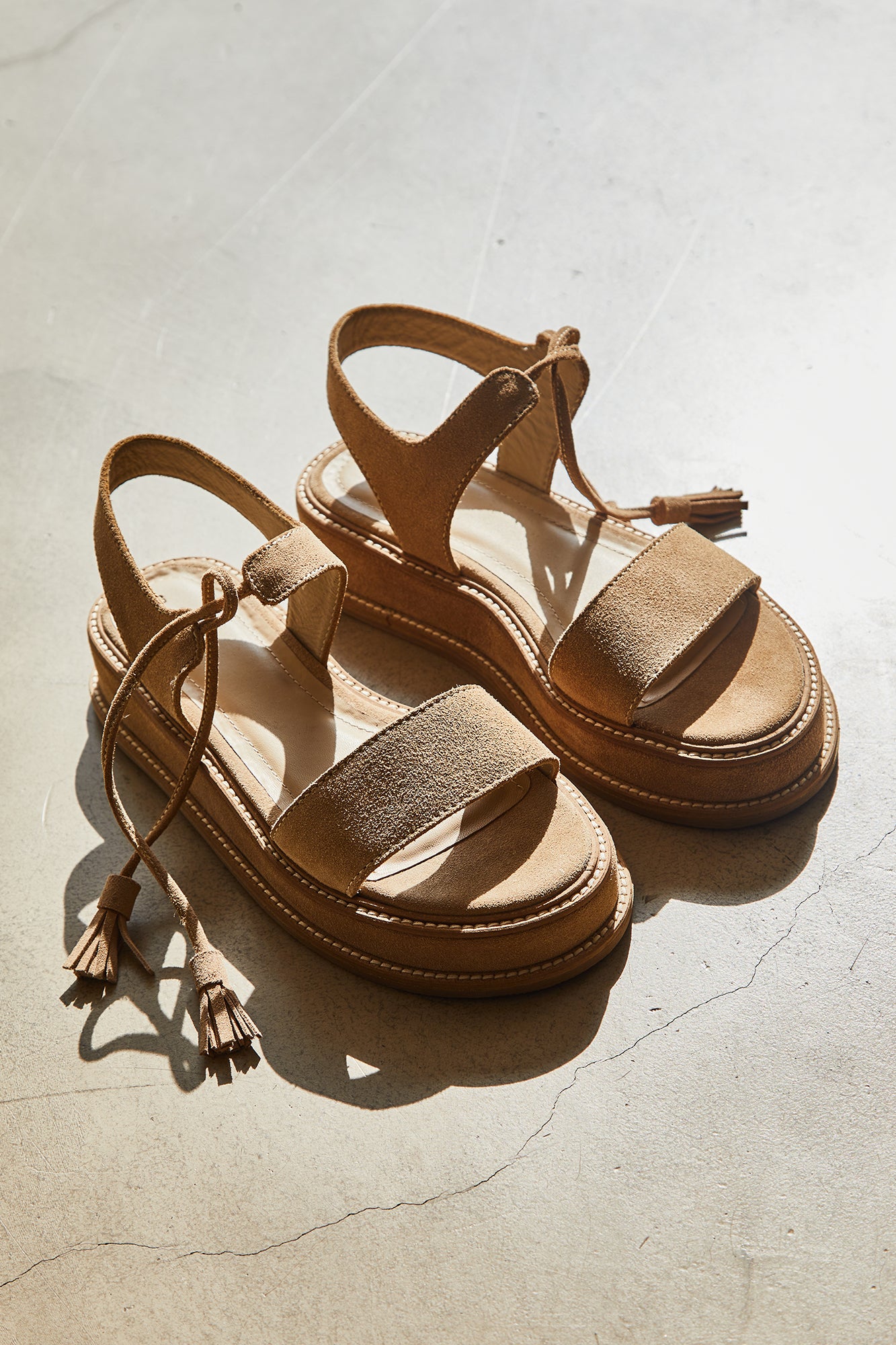 Suede Platform Sandals with Ties and Tassels