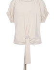 Shelby Blouse in Ecru with a round neck, button-back detail, elasticated short sleeves, and adjustable tie hem.