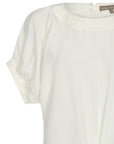 Shelby Blouse in Off White with a round neck, button-back detail, elasticated short sleeves, and flattering tie hem.