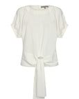 Shelby Blouse in Off White with a round neck, button-back detail, elasticated short sleeves, and flattering tie hem.