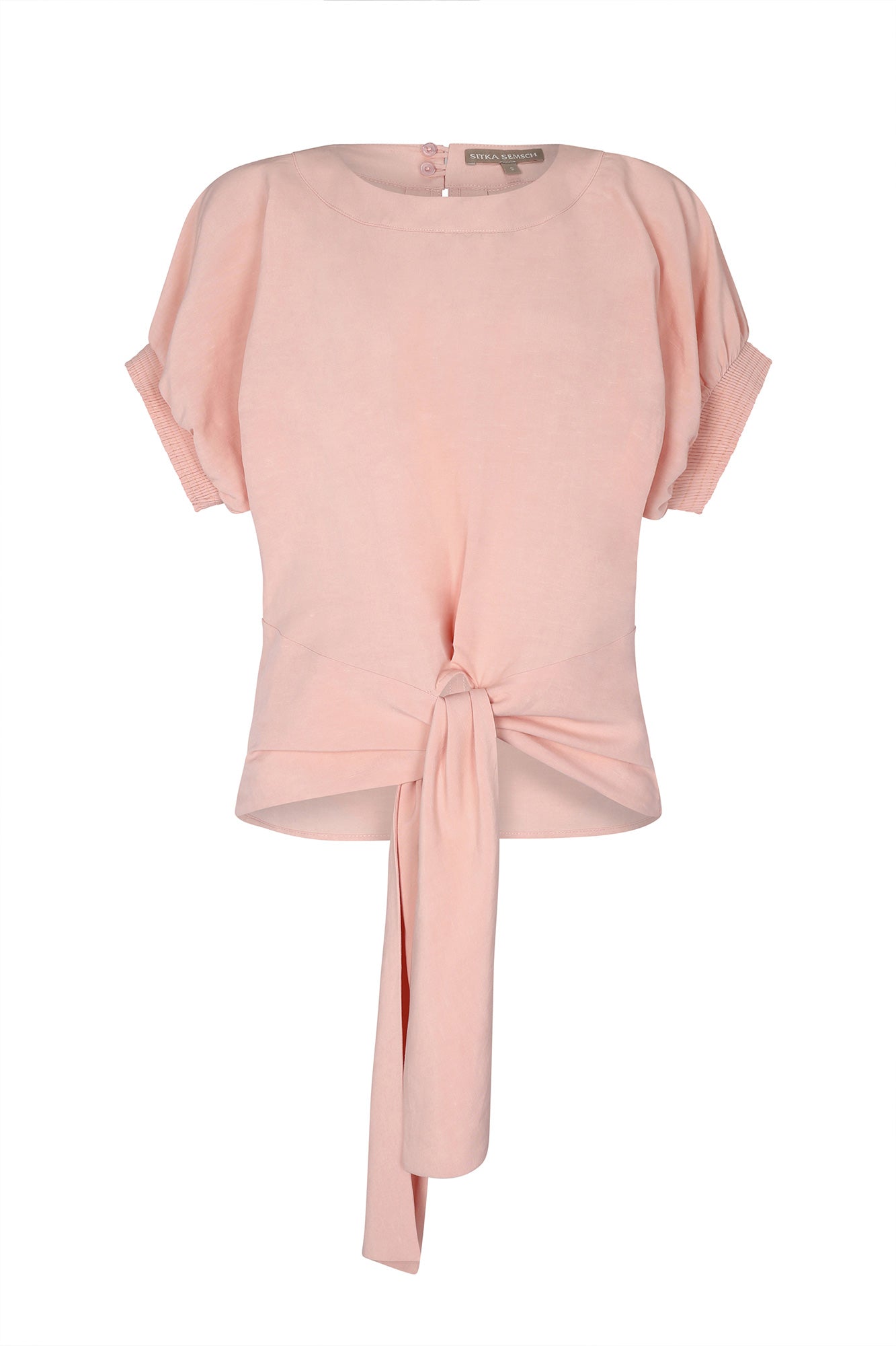 Shelby Blouse in Rose – Linen-blend blouse with round neck, elasticated sleeves, back button closure, and tie hem.