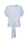 Shelby Blouse in Sky featuring a round neck, button-back detail, elasticated short sleeves, and tie hem for versatile styling.