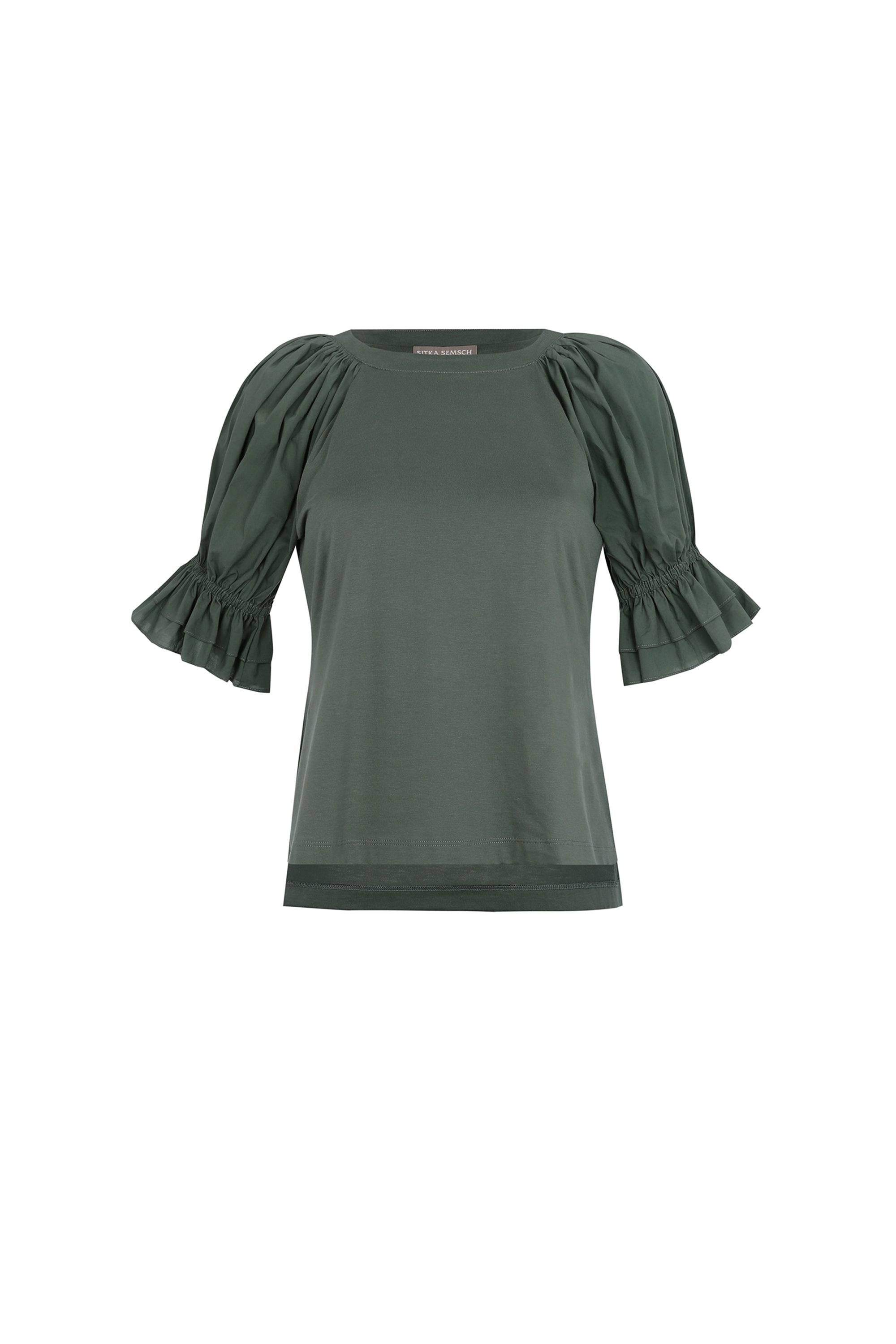 Sitka Semsch Nery top in military green with balloon sleeves, round neck, short sleeves