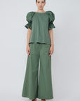 Sitka Semsch Nery top in military green with balloon sleeves, round neck, short sleeves