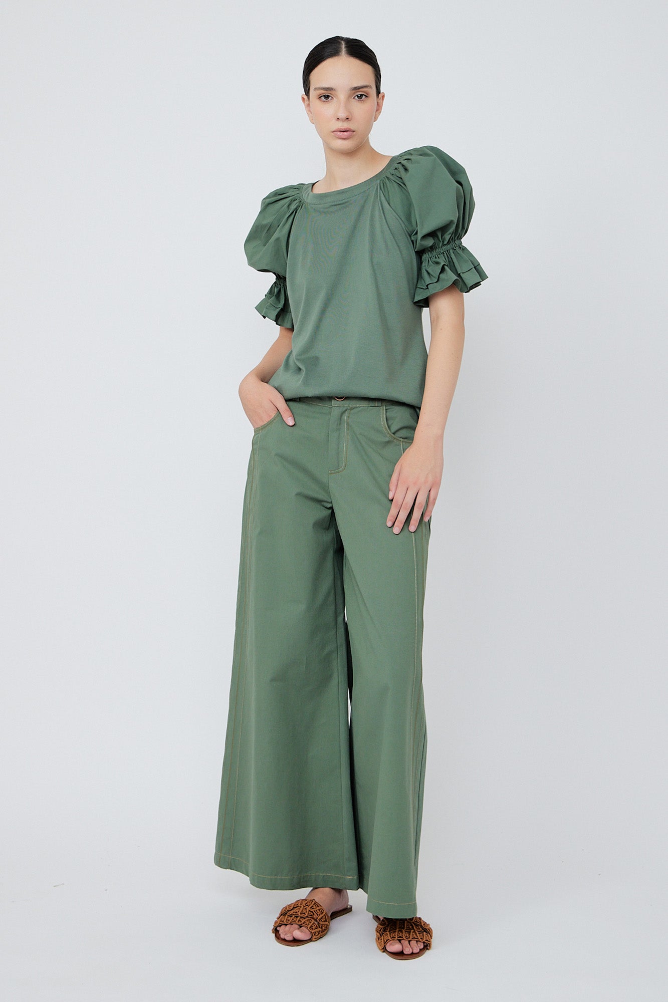 Sitka Semsch Nery top in military green with balloon sleeves, round neck, short sleeves