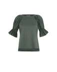 Sitka Semsch Nery top in military green with balloon sleeves, round neck, short sleeves