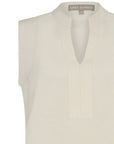 Soleil Blouse in Ecru, featuring a V-neckline, Nehru collar, and refined tonal topstitch details.