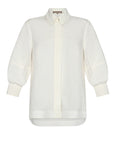 Tatiana Blouse in Off White with a modern shirt collar, hidden button placket, and airy 3/4 puff sleeves.