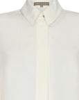 Tatiana Blouse in Off White with a modern shirt collar, hidden button placket, and airy 3/4 puff sleeves.