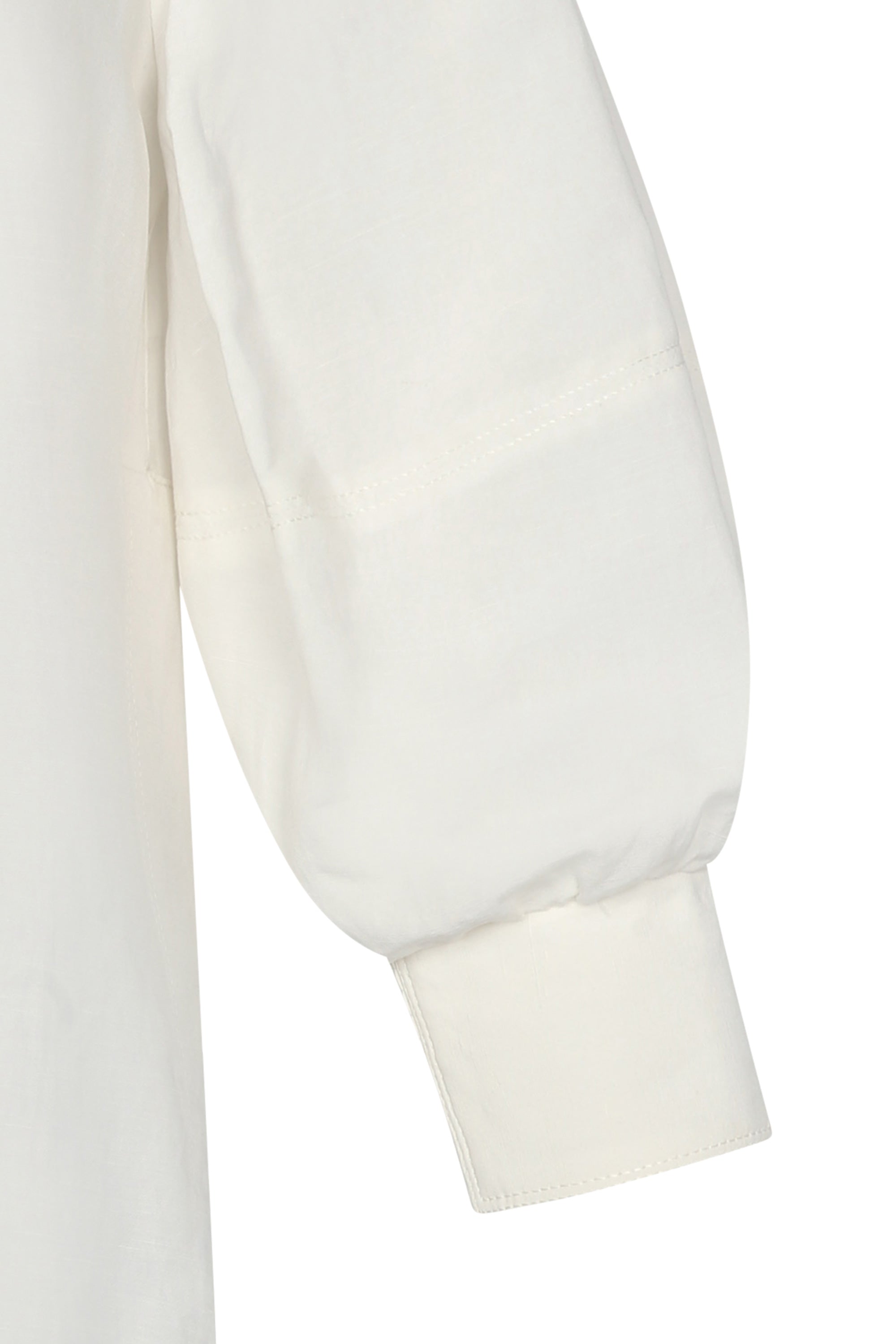 Tatiana Blouse in Off White with a modern shirt collar, hidden button placket, and airy 3/4 puff sleeves.