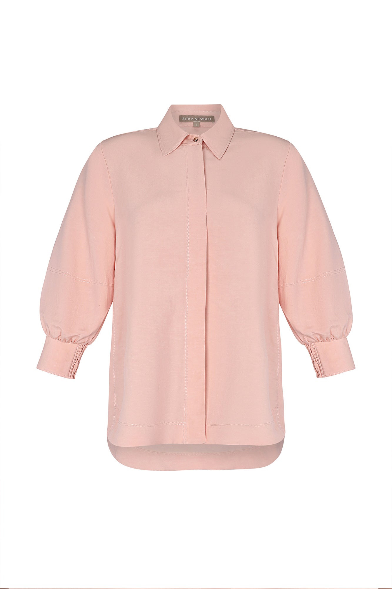 Tatiana Blouse in Rose – Linen blend blouse with shirt collar, hidden button placket, ¾ puff sleeves, and semi-elasticated cuffs.