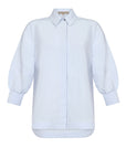 Tatiana Blouse in Sky showcasing a sophisticated shirt collar, concealed button placket, and romantic puff sleeves.