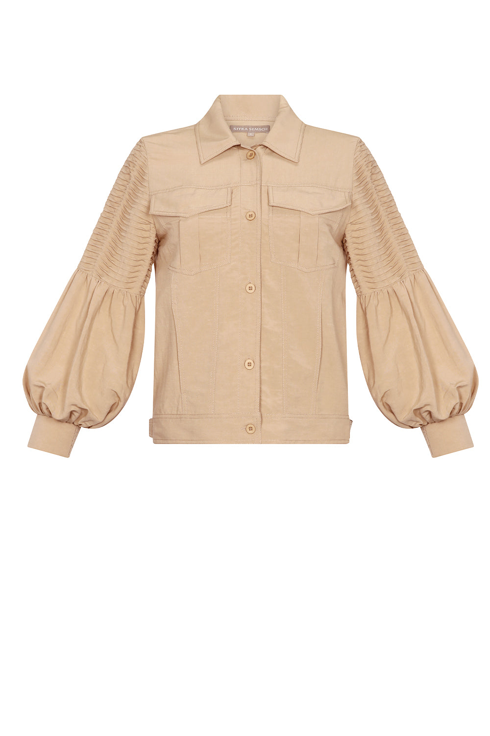 Tiana Jacket in Camel with metal buttons, patch pockets, and balloon sleeves