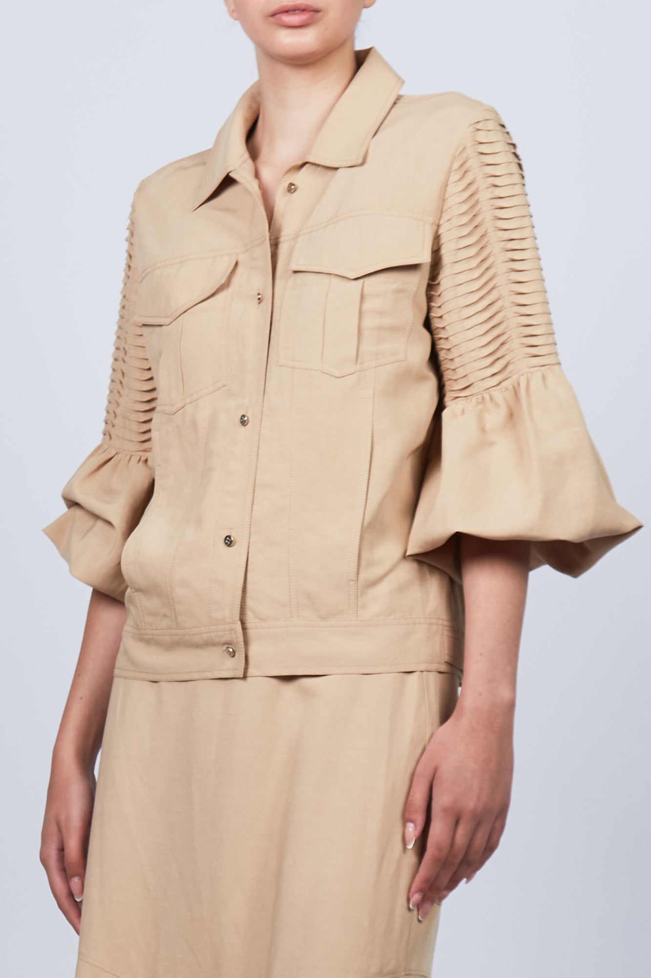 Tiana Jacket in Camel with metal buttons, patch pockets, and balloon sleeves