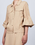 Tiana Jacket in Camel with metal buttons, patch pockets, and balloon sleeves