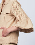 Tiana Jacket in Camel with metal buttons, patch pockets, and balloon sleeves