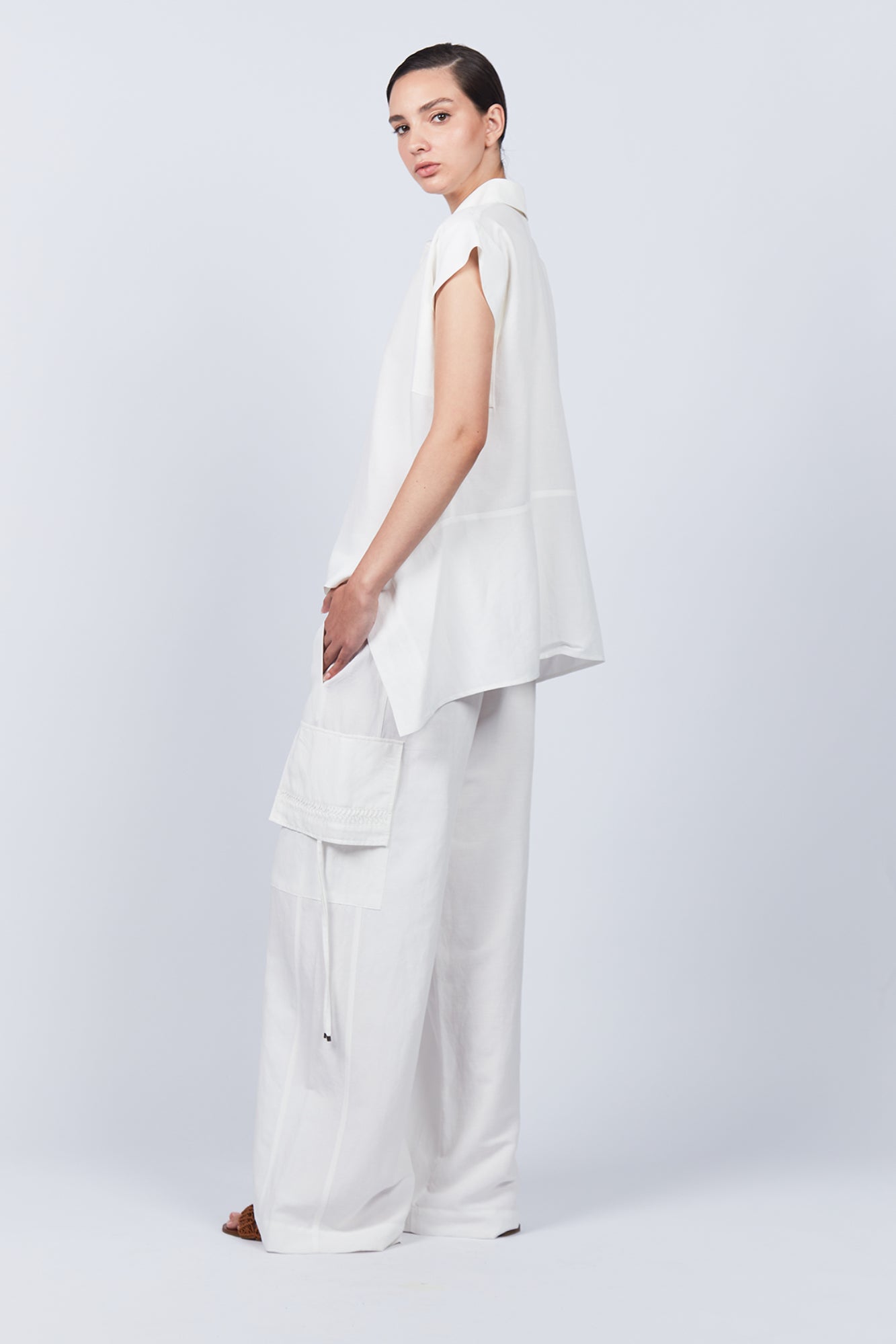 Tiana Wide-Leg Pant in Off White with patch pockets and metal-tipped drawstrings