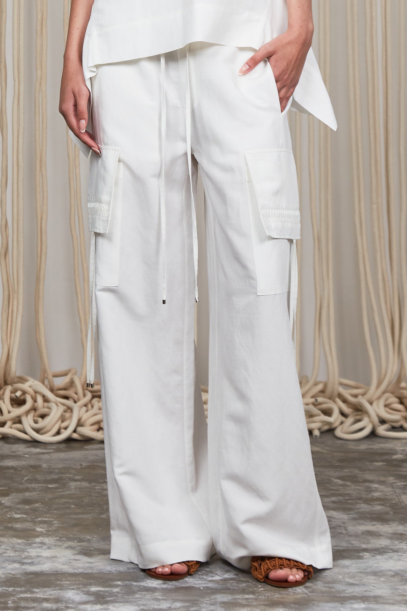 Tiana Wide-Leg Pant in Off White with patch pockets and metal-tipped drawstrings