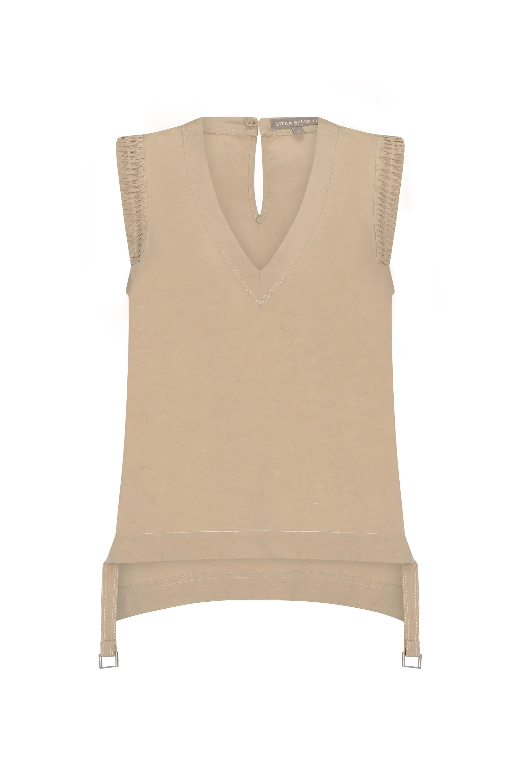 The Valencia Blouse in a rich Camel hue, showing its sleeveless design and premium linen blend.