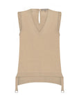 The Valencia Blouse in a rich Camel hue, showing its sleeveless design and premium linen blend.