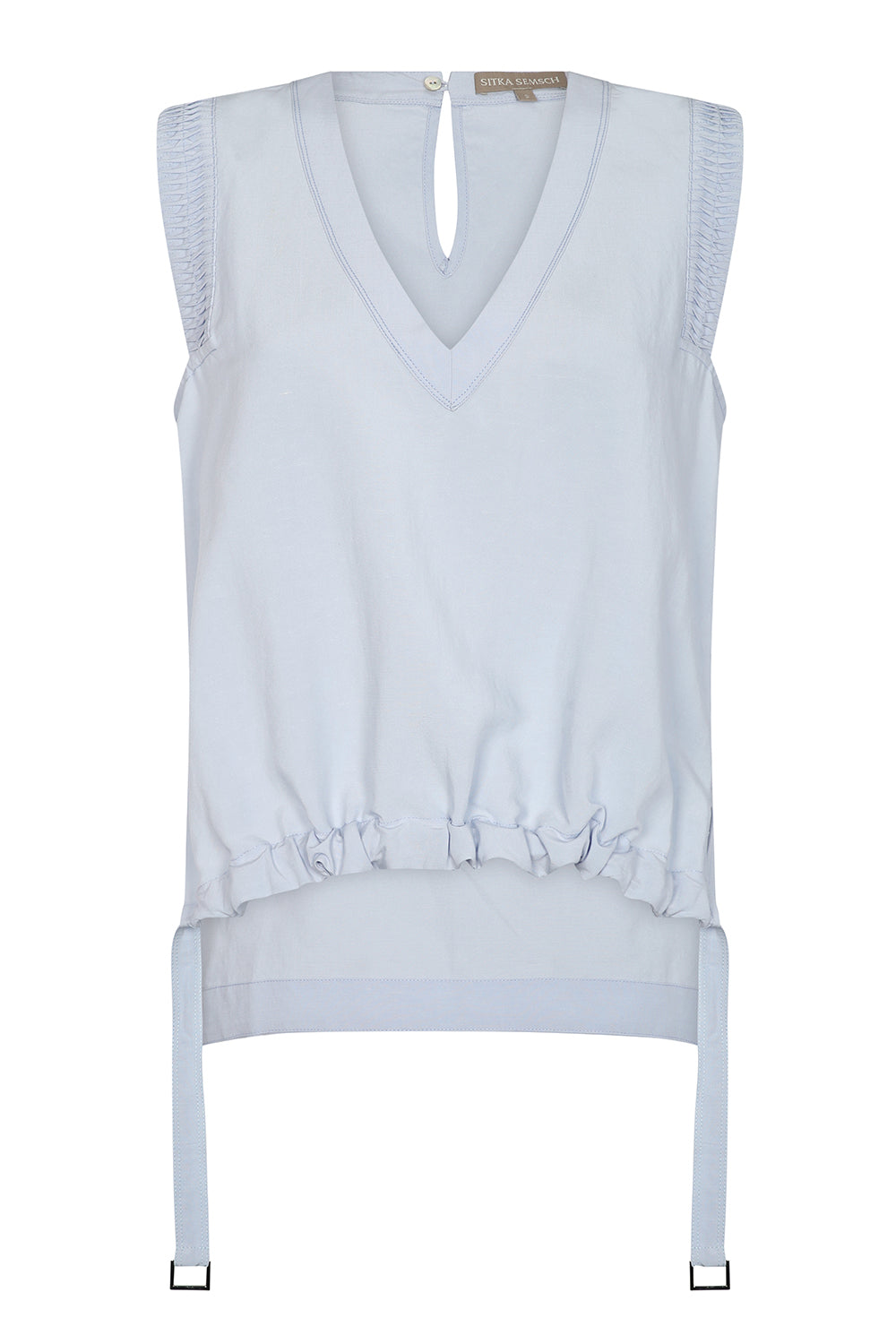 Valencia Blouse in Sky Blue with drawstring and metal buckle hem