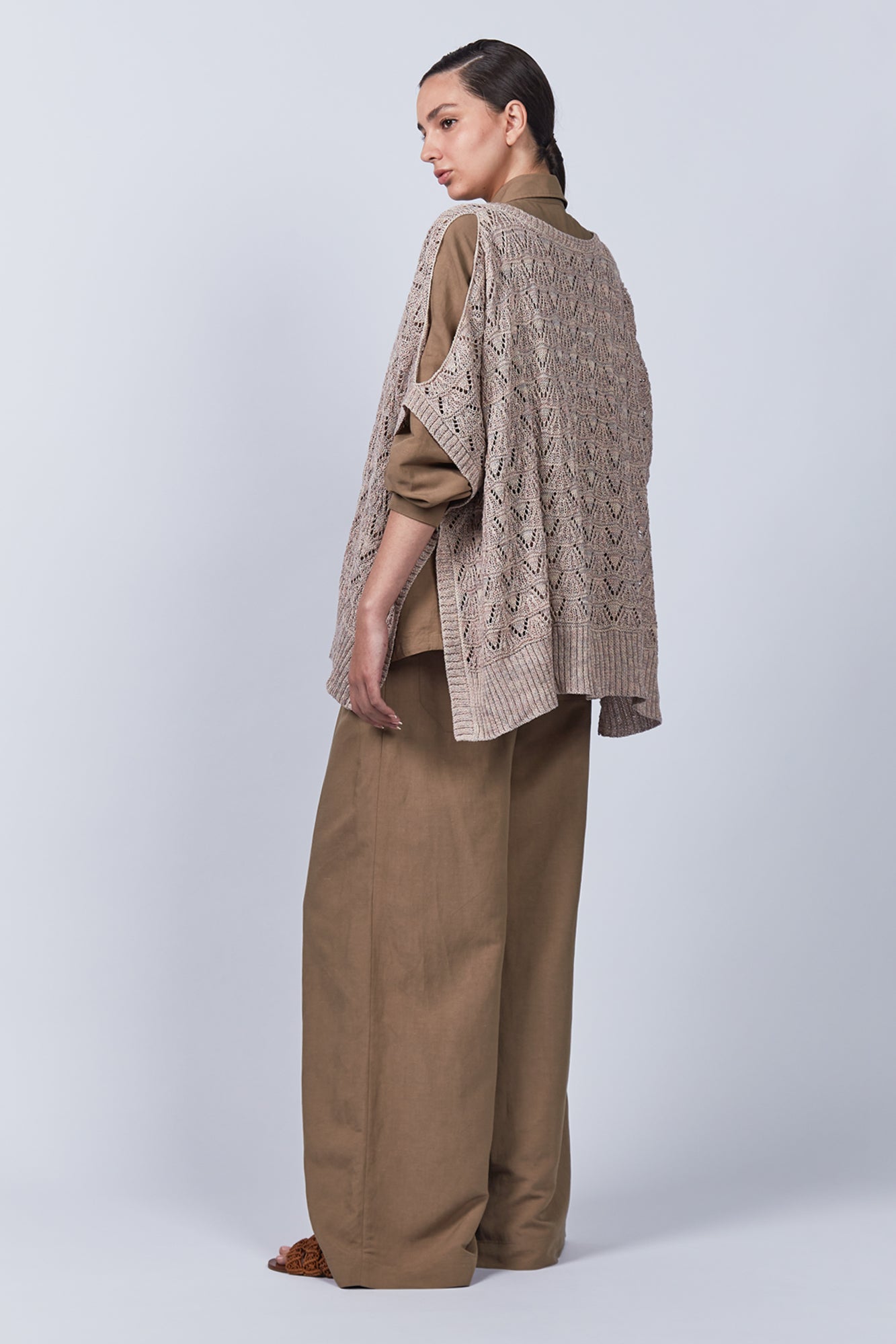 Veda Pant in Taupe, sophisticated wide-leg pants with minimalist design and functional details.