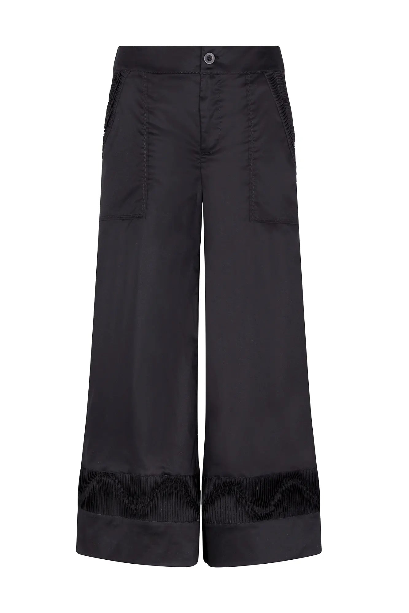 The Viena Trouser in essential black, showcasing its powerful wide-leg tailoring.