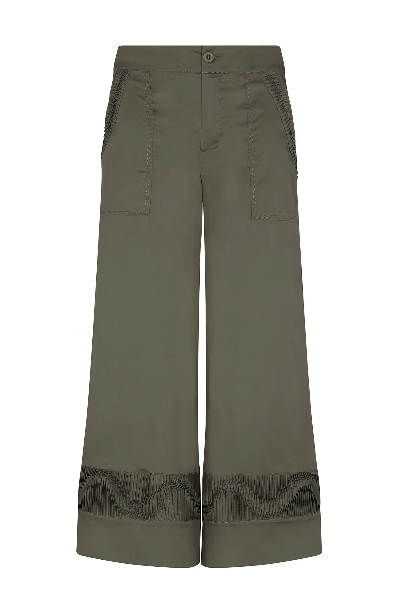 Front view of the Viena Trouser in Olive, showcasing its flowing wide-leg silhouette.