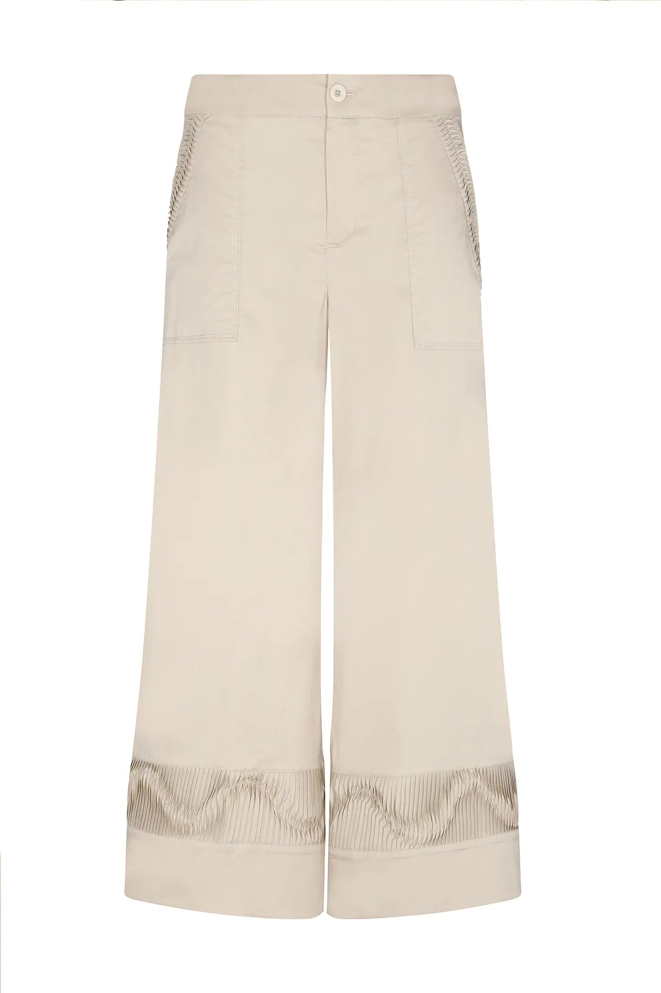 Front view of the Viena Trouser in pristine white, highlighting its sculptural design details.