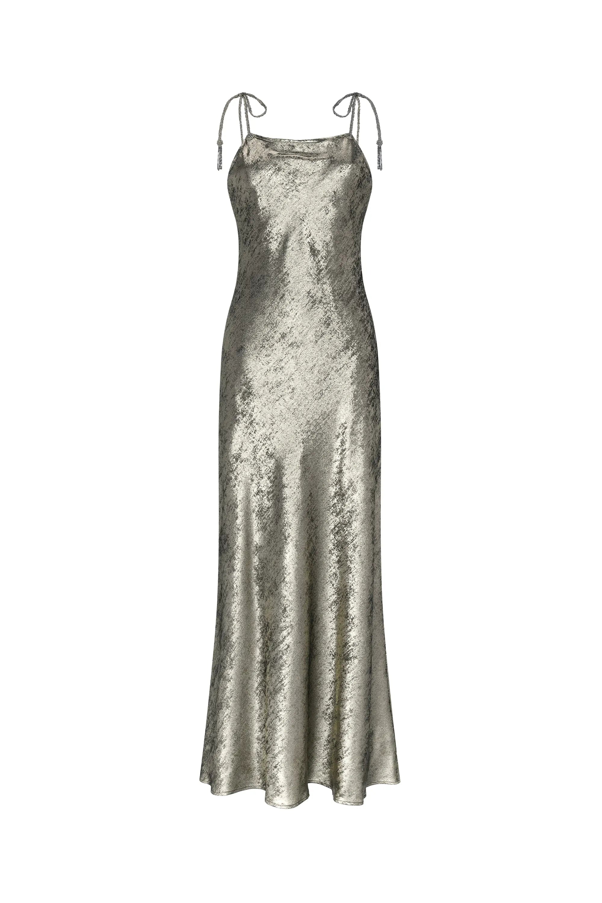 Zahara Metallic Crochet-Tie Maxi Dress | Bronze