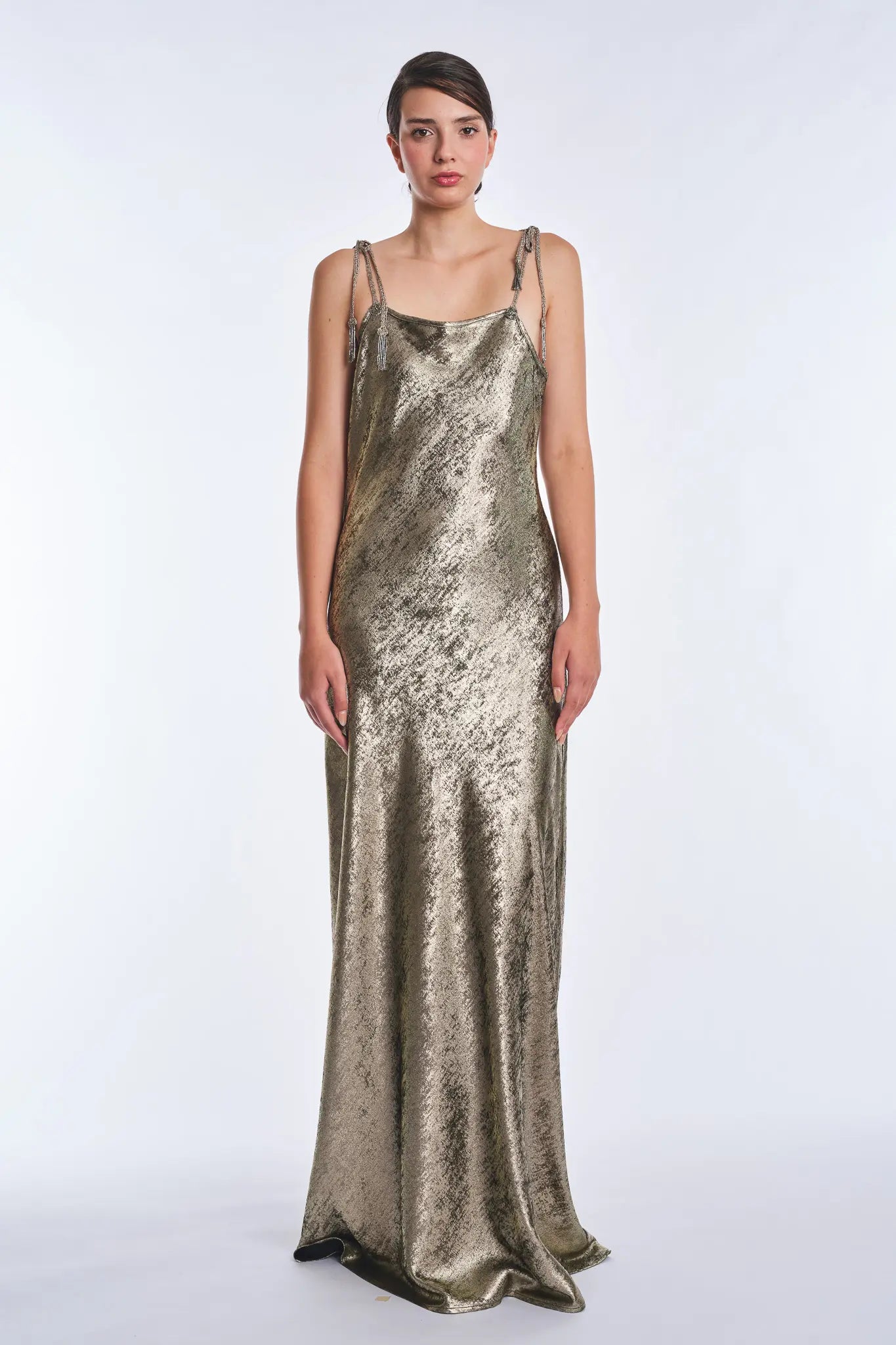Zahara Metallic Crochet-Tie Maxi Dress | Bronze