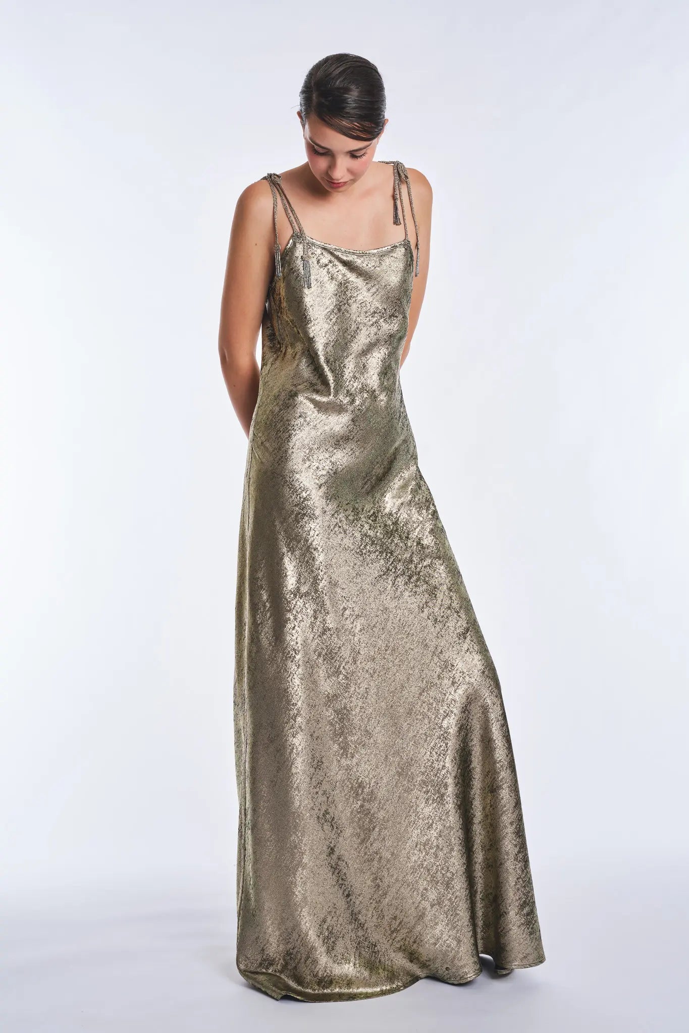 Zahara Metallic Crochet-Tie Maxi Dress | Bronze