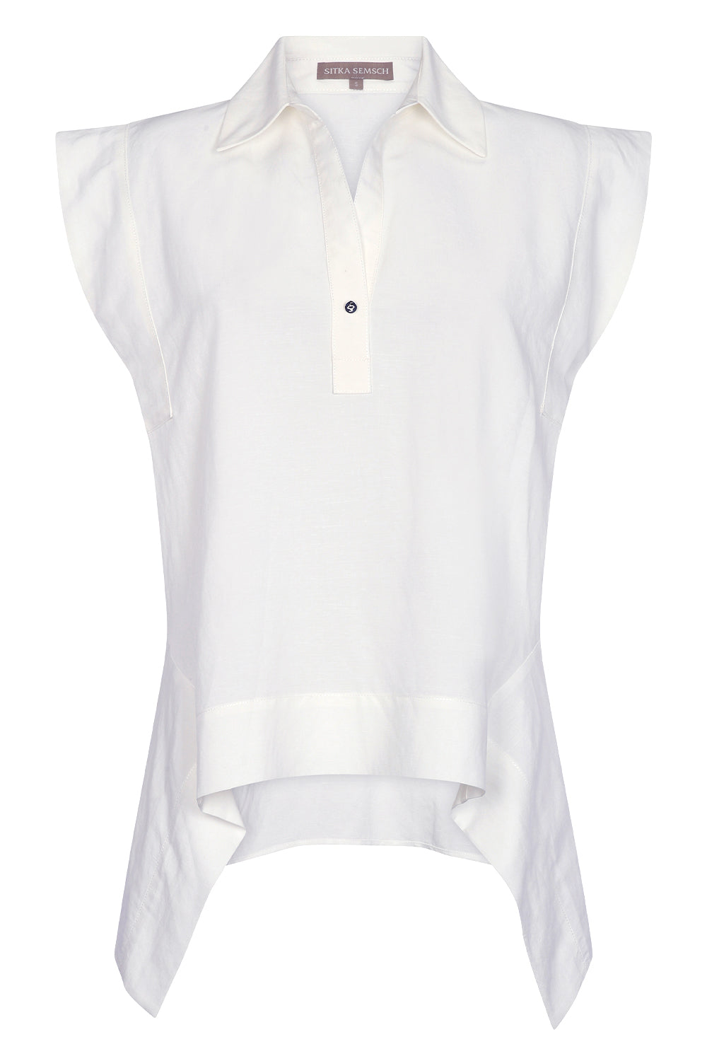 Zayla Blouse in Off White, elegant sleeveless blouse with an asymmetrical hem and shirt collar.